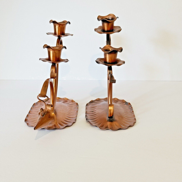 Vintage Solid Hammered Copper Candle Holders Candelabra Snuffer Gregorian MCM - Picture 4 of 14